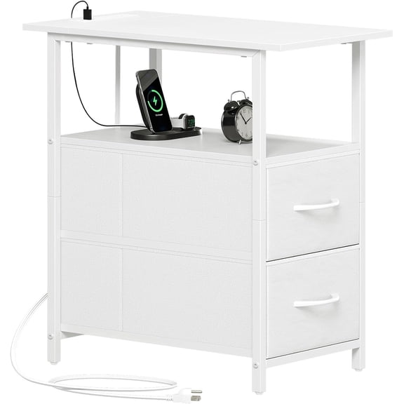 Narrow End Table with Charging Station, 2 Drawers, Slim Side Table | Fabric Storage Nightstand for Bedside, Living Room, Sofa, Bedroom and Couch, White
