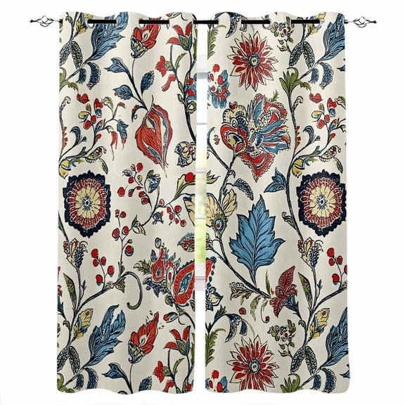 Fsddascl Boho Floral Blackout Curtains for Bedroom/Living Room, Thermal Insulated Kitchen Curtains, Blue Red Flower Vintage Petals Branch Leaf Grommet Darkening Window Treatment Drapes 42"x63"x2