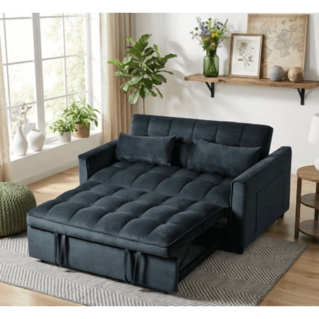 BSHTI 3 in 1 Modern Velvet Loveseat Sofa Bed-3-Position Adjustable Convertible Sleeper, Side Storage Pockets, Square Tufted, Easy Assembly, for Small Space Apartment,Black
