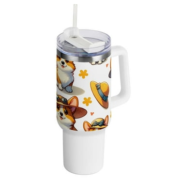 40 oz Insulated Tumbler with Handle and Straw Lid Cute Corgi Dog with Hat Stainless Steel Water Bottle Travel Mug for Car