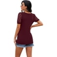 thumbnail image 4 of JWD Waffle Knit Lace Short Sleeve Blouses V Neck T Shirts Summer Casual Tops For Women Wine Red Small, 4 of 6