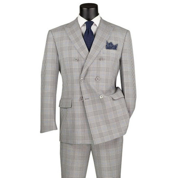 Vinci Mens Gray Double Breasted Plaid Suit Regular Fit DRW-2