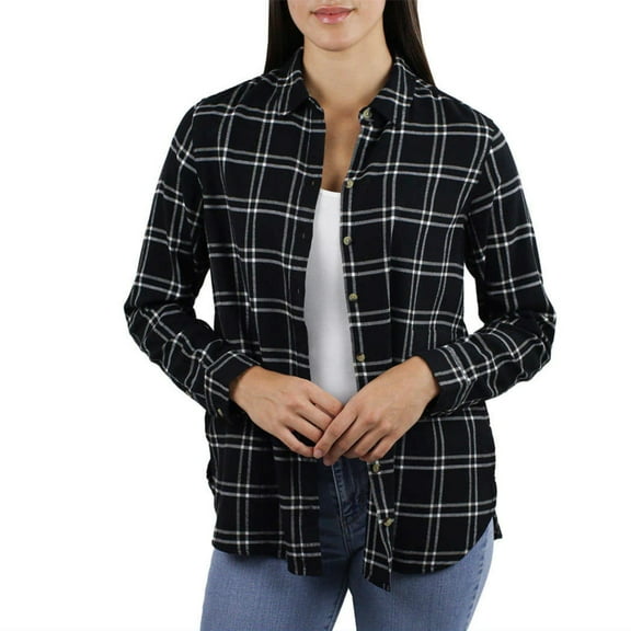 Jachs Girlfriend Women's' Super Soft Flannel Side Pockets Button Front Shirt-Black / M