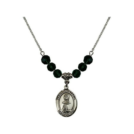 - 18-Inch Rhodium Plated Necklace with 6mm Green May Birth Month Stone Beads and Saint Anastasia Charm