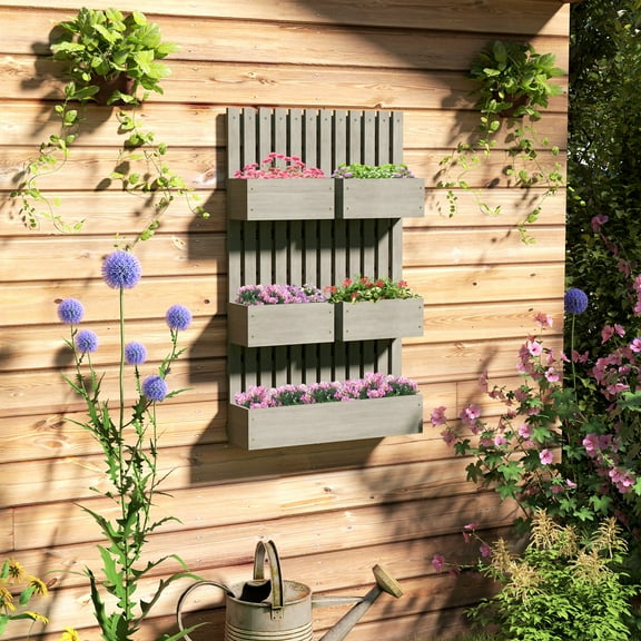 Furnibear 5 Box Raised Garden Bed w/ Trellis for Climbing Plants, Wall-Mounted Wood Planters w/ Drainage Holes, Gray