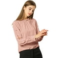 thumbnail image 3 of Top de trabajo de oficina con botones de blusa de gasa con cuello alto y volantes para mujer Rosa L, 3 of 6