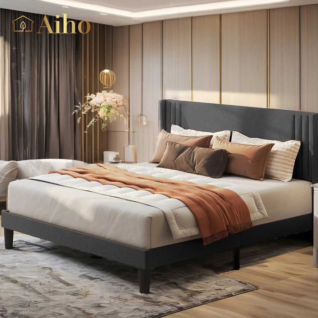 Upholstered Platform Bed, Aiho Queen Size Bed Frame with Modern Wingback Headboard & No Box Spring Needed, Perfect for Bedroom, Dark Gray