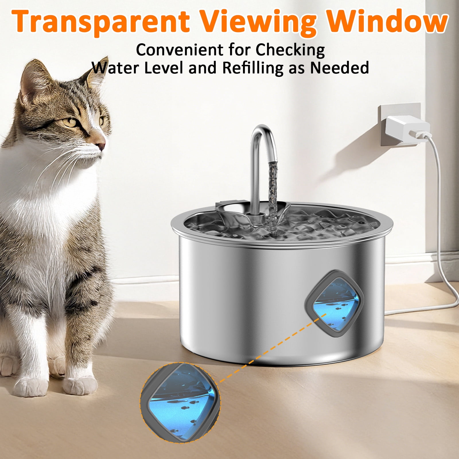 Stainless Steel Cat Water Fountain, 3.2L/108oz Dog Water Bowl Dispenser with Replacement Filters, Automatic Cat Fountains for Drinking for Pets and Small Animals