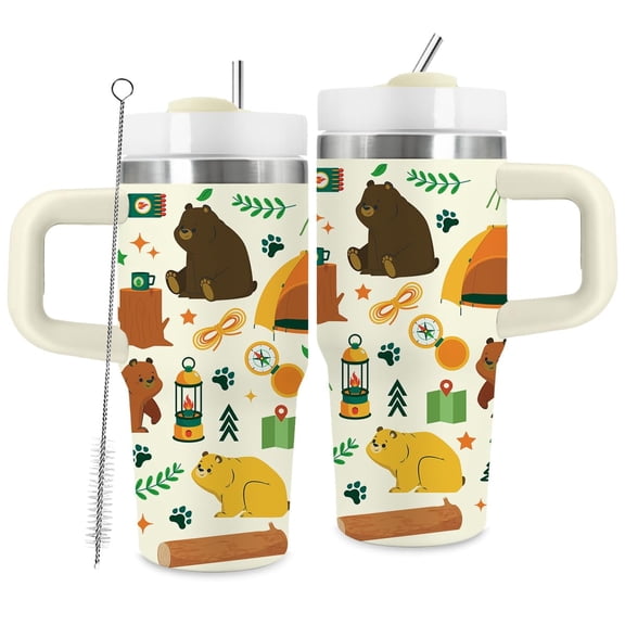 JOPJOLIW 14oz Bear Tumbler with Handle and Straw, Stainless Steel Vacuum Insulated Tumblers, Birthday Gifts Bear Lover Gifts, Daughter, Son, Sister