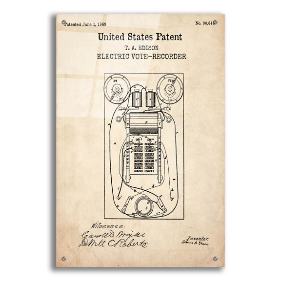 Epic Art 'Electric Vote-recorder Blueprint Patent Parchment,' Acrylic Glass Wall Art, 24"x36"