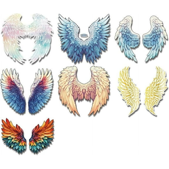 7Pcs Assorted Angel Wings Reflective Vinyl Car Decal Stickers Colorful Wings Outdoors Sticker Waterproof Car Window Silhouette Decals for Bumper Windows Cars Trucks Tool Boxes Laptop White DIY