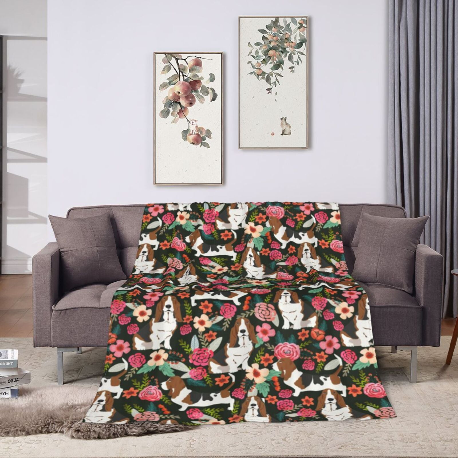 Wijzvio Basset Hound Dogs Lovers Flower Floral Throw Blanket Soft Fuzzy Fleece Blanket For Couch Bed Living Room Decoration 60"X50"