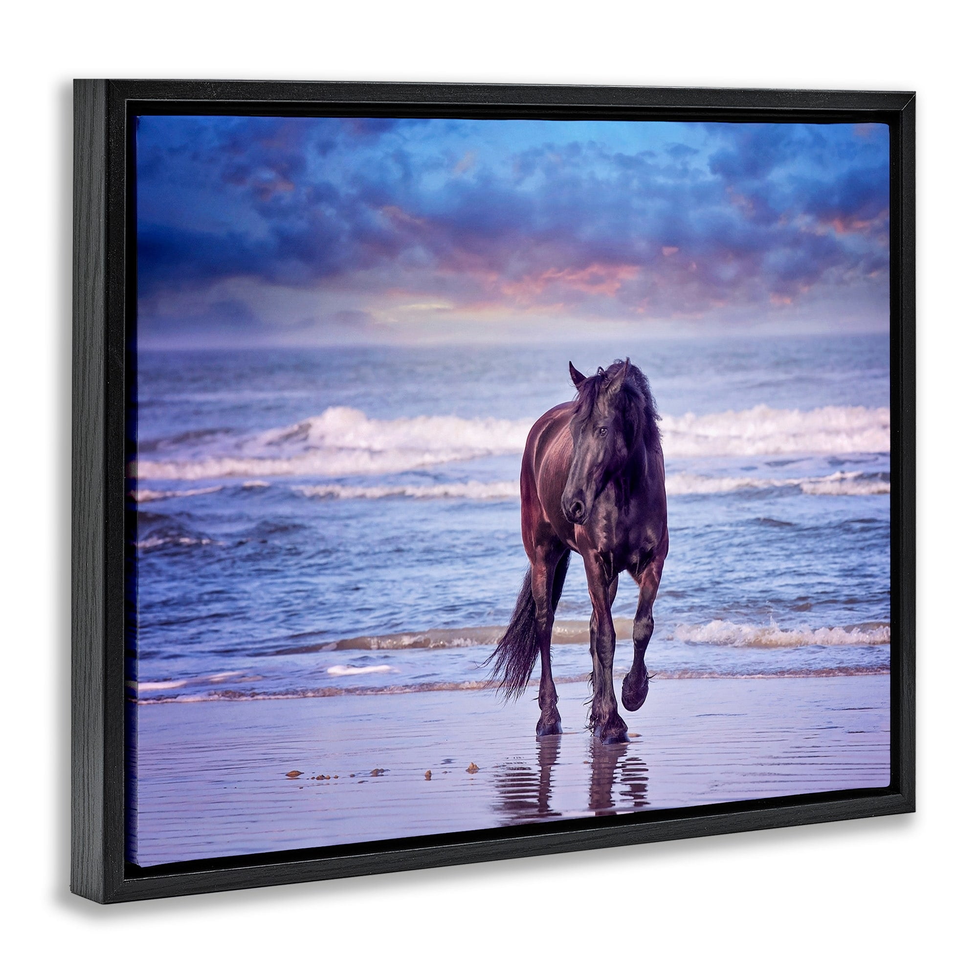 Stupell Industries Wild Horse on Beach Colorful Blue Sunset Jet Black Framed Floating Canvas Wall Art, 24x30, by PHBurchett