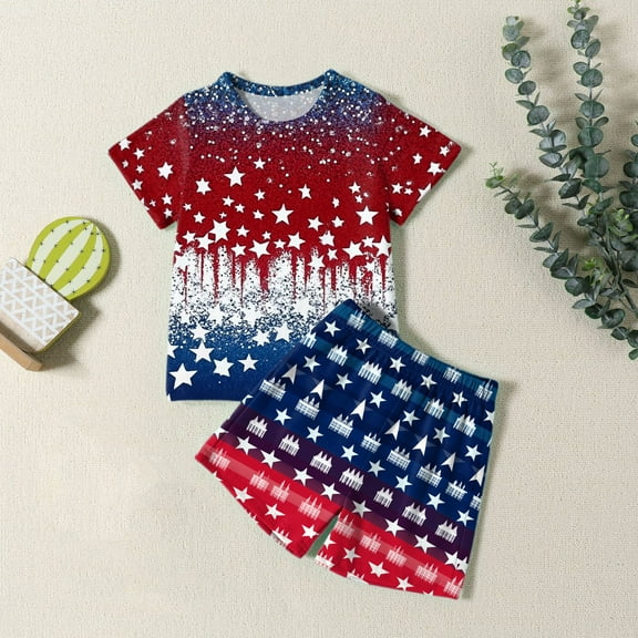 Ktyne 4th Of July Outfits Kids Boys Girls Star Striped Short Sets 2 Piece Clothing Set Short Sleeve Tees and Shorts 2025 1776 Independence Day Clothes Set Red 9-10 Years