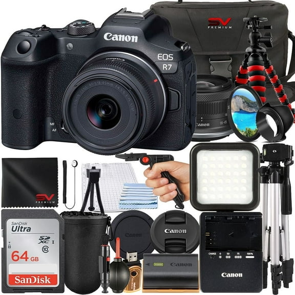 Canon EOS R7 Mirrorless Camera with RF-S 18-45mm Lens   SanDisk 64GB Memory Card   Case   Tripod   SV Premium Accessory Bundle (International Version)