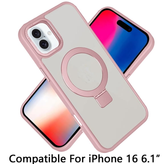 For Apple iPhone 16 (6.1") Magnetic Metal Matte Built-in Compatible with MagSafe Stand Hybrid Shock Armor TPU Cover ,Xpm Phone Case [ Pink ]
