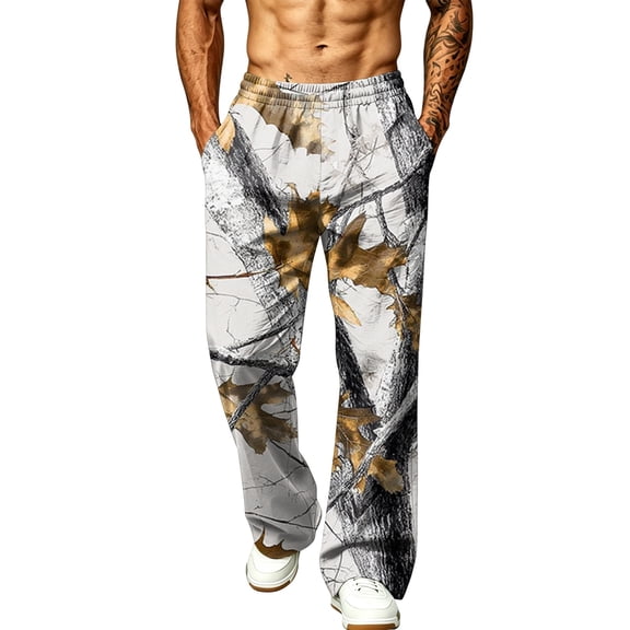 LTTVQM Men's Casual Outdoor Camo Trousers Park Forest Camo Loose Thigh Fit Drawstring Waist Casual Outdoor Wide Leg Full Length Pants Gray L