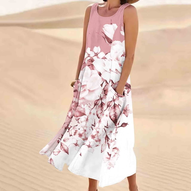 FcBaudy Robe Sans Manches Col Rond, Robes d'Été pour Femmes, Robes Femmes Robe Longue Imprimée Sans Manches et en Lin Col Rond Robe Femmes
