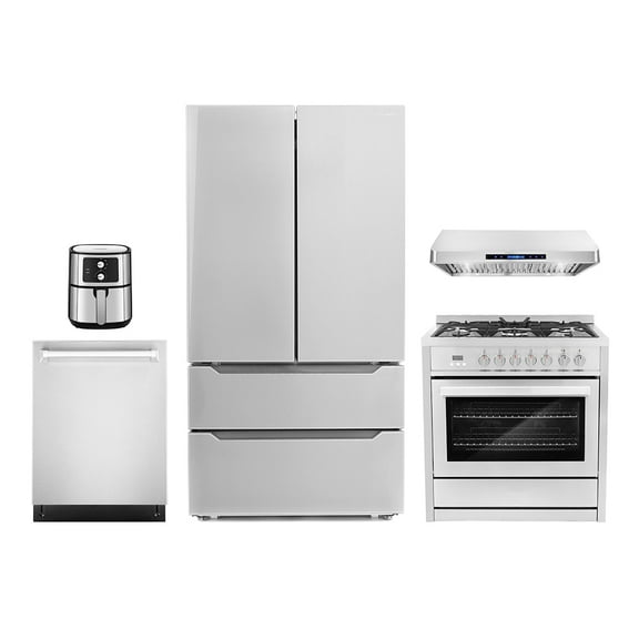 5 Piece Kitchen Package with 36" Freestanding Dual Fuel Range 36" Island Range Hood 24" Built-in Fully Integrated Dishwasher French Door Refrigerator & 5.5L Electric Hot Air Fryer