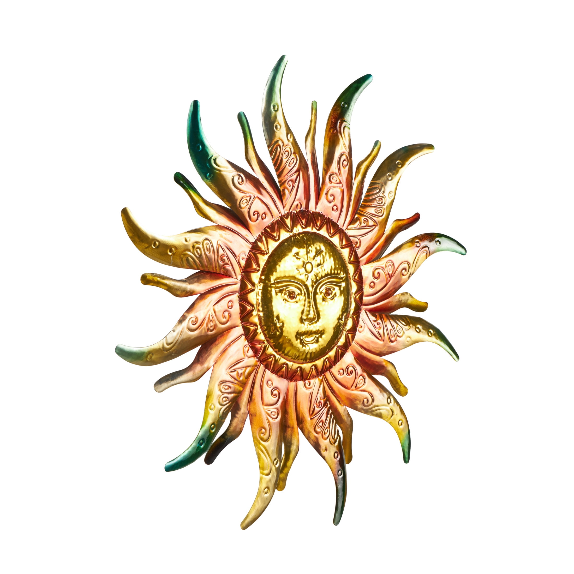 DecMode Gold Stainless Steel Metal Face Sun Wall Decor with Red, Green, and Orange Accents