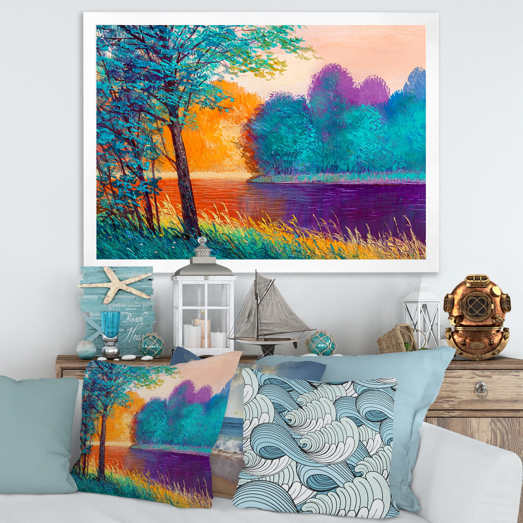 Colorful Trees During Twilight Along River 20 in x 12 in Framed Painting Canvas Art Print, by Designart