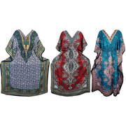 Mogul Womens Kimono Caftan Printed Kaftan Maxi Dress Cover Up Evening Lounger Nightgown Wholesale Lot Of 3 Pcs