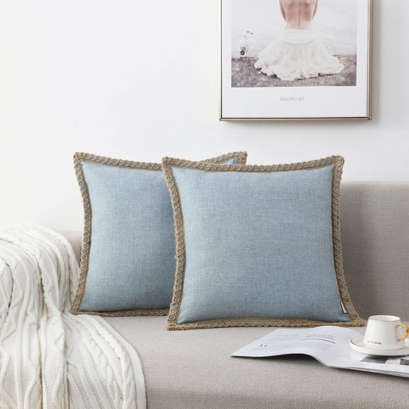 Set of 2 Farmhouse Throw Pillow Covers - Burlap Linen Trimmed Tailored Edges Decorative Cushion Covers for Bed Home Outdoor Decoration, 22" x22", Blue
