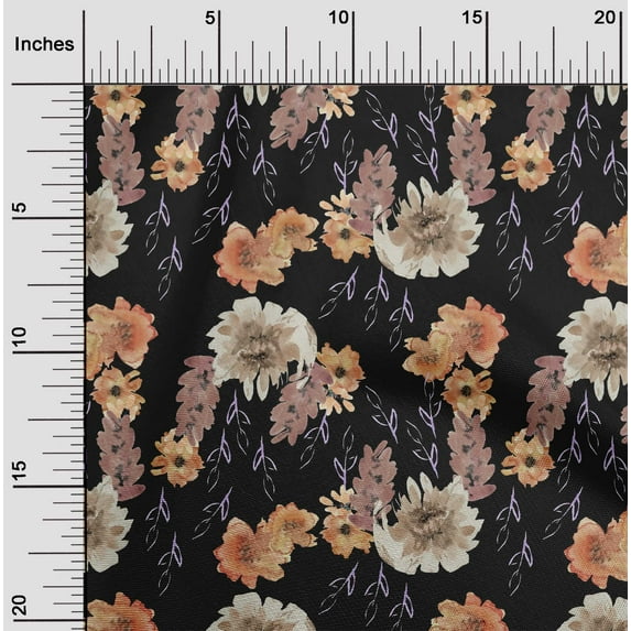 oneOone Cotton Poplin Twill Black Fabric Flower & Leaves Watercolor Fabric For Sewing Printed Craft Fabric By The Yard 56 Inch Wide