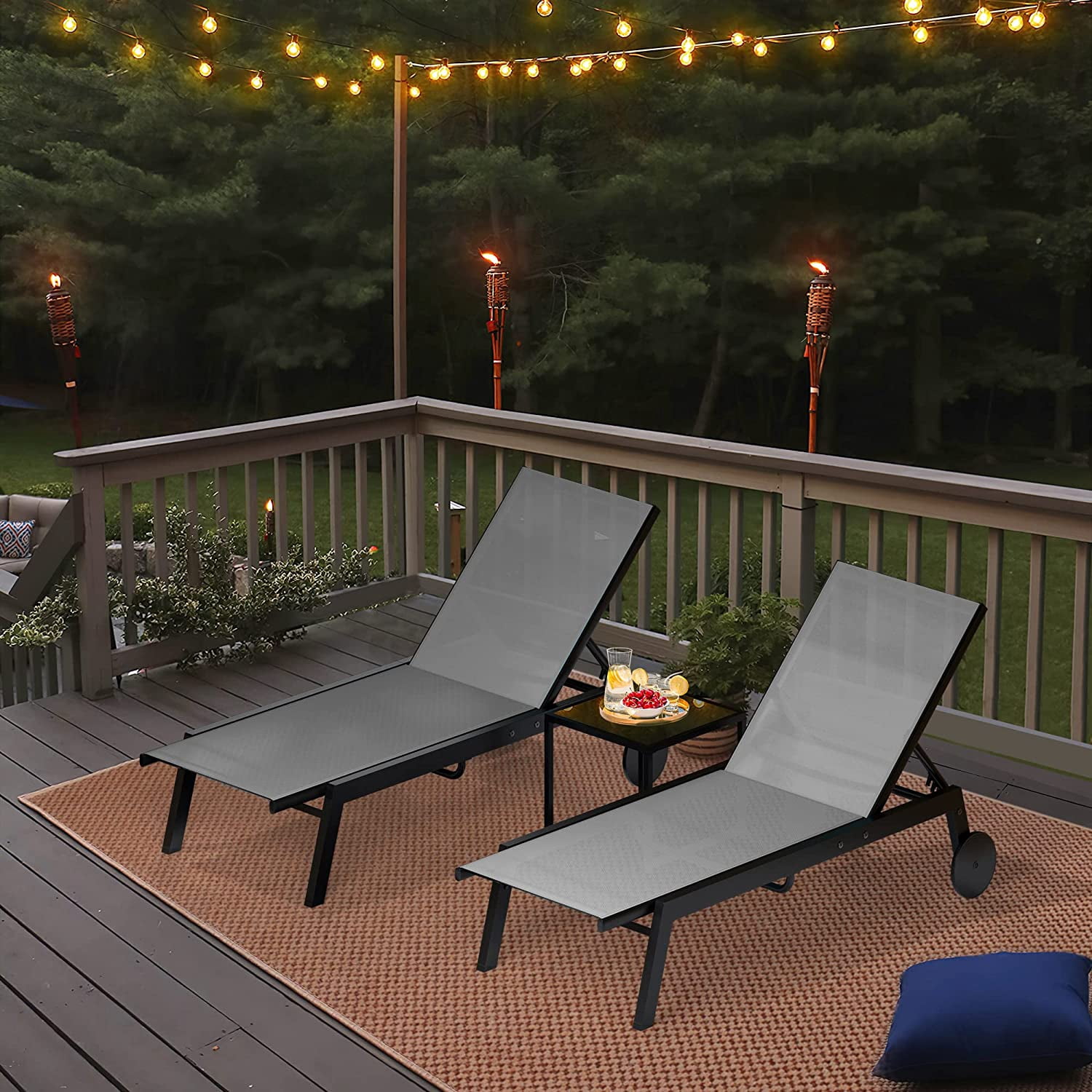 Dextrus 2 Pcs Outdoor Lounge Chairs with Side Table, Reclining Sun Loungers Featuring Aluminum Frame/Textilene Fabric/Wheels