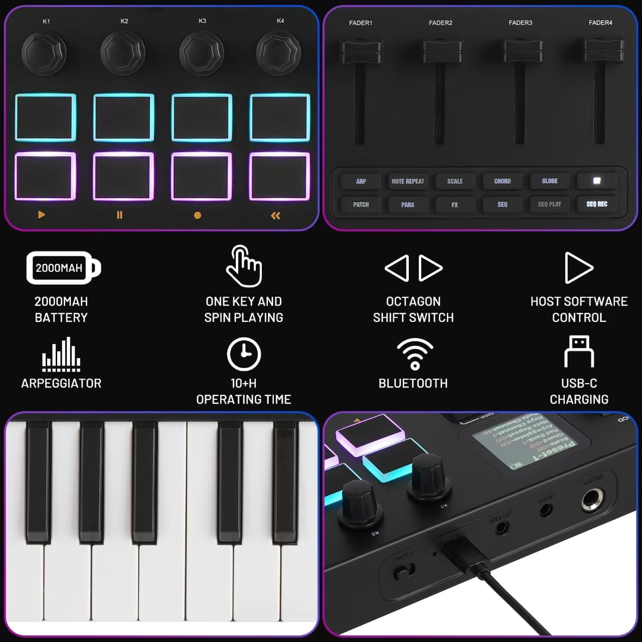 M-WAVE 37 Key USB MIDI Keyboard Controller With 16 Backlit Drum Pads, Bluetooth Semi Weighted Professional dynamic keybed 8 Knobs and Music Production,Software Included,Black