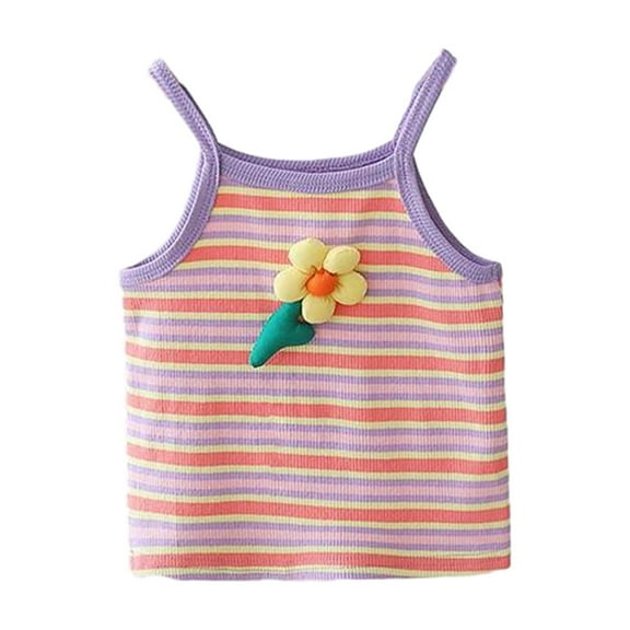 Odeerbi 1-6Y Toddler Girls Summer Cotton Tank Tops Flower Colorful Striped Sleeveless Tops Baby Flower Sling Top New Stripe Tank Top Orange