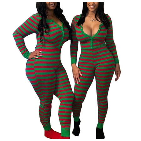 

Women Christmas Jumpsuit Pajamas V Neck One Piece Bodysuit Bodycon Romper One Stripe Print Sleepwear
