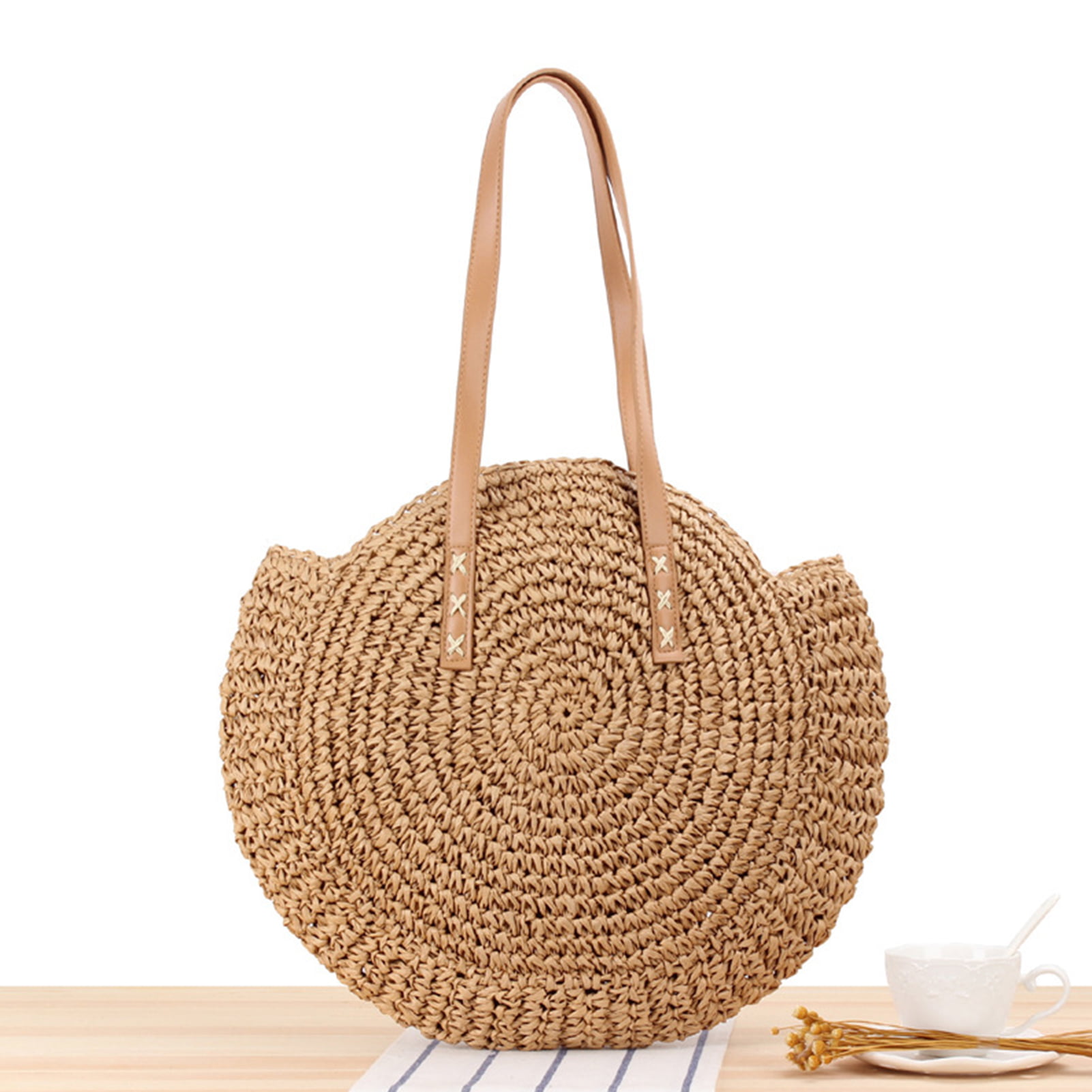 Round Straw Beach Bag Vintage Handmade Woven Shoulder Bag Raffia Circle Rattan Bags