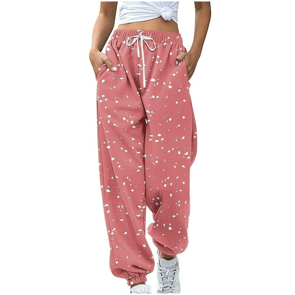 Women's Christmas Sweatpants Snowflake Print Drawstring Cuffed Ankle Lounge Baggy Joggers with Pockets Pink XL