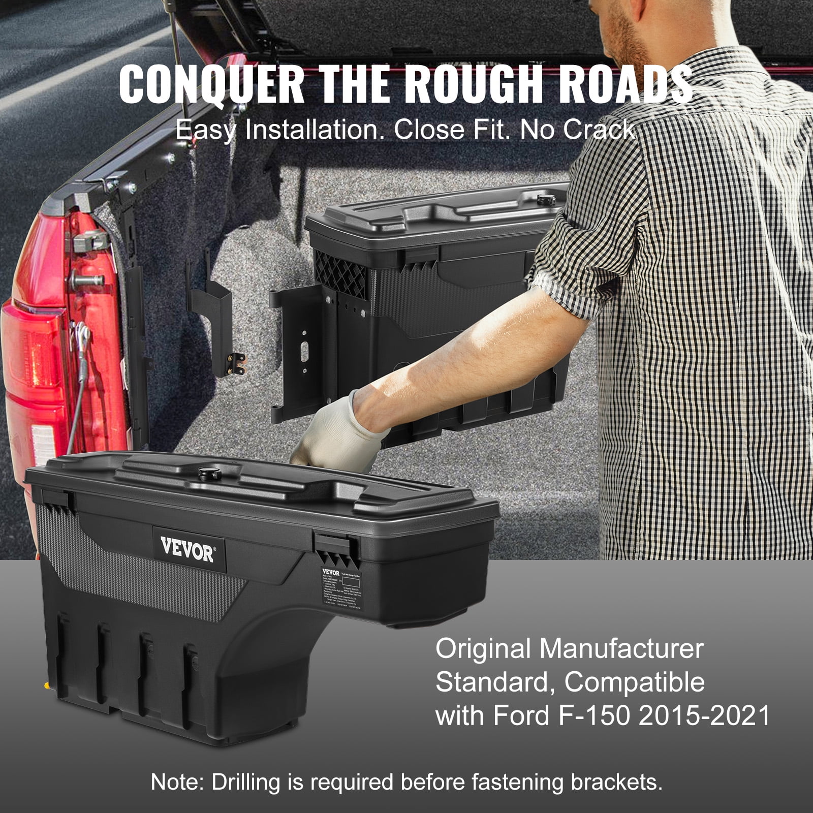 VEVOR Truck Bed Storage Box, Lockable  with Password Padlock, 6.6 Gal/25 L ABS Wheel Well Tool Box, Waterproof and Durable, Compatible with Ford F-150 2015-2021, Drivers Side