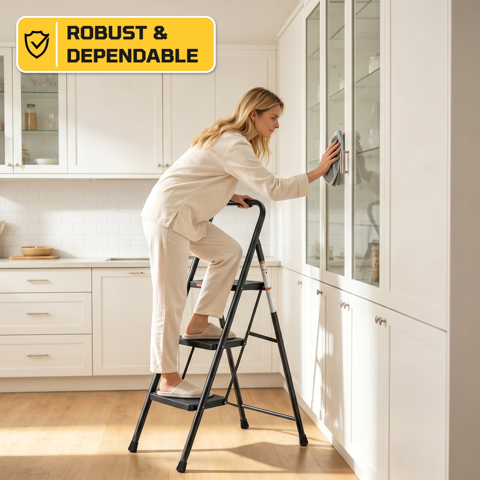 ASoopher 3 Step Ladder with Anti-Slip Pedal, Sturdy Steel Step Stool for Kitchen, Black