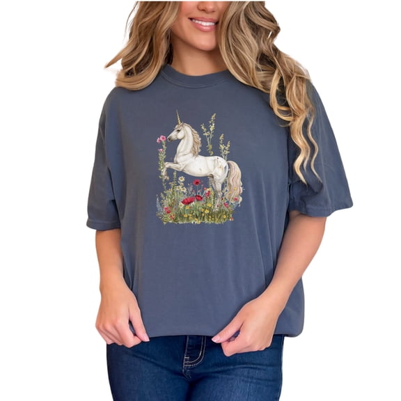 Magical Unicorn Graphic Tee, Whimsical Unicorn T-Shirt, Cute Unicorn Shirt, Fantasy Creature Tee, Unicorn Wildflowers Top, Denim Comfort Colors T-Shirt, Small