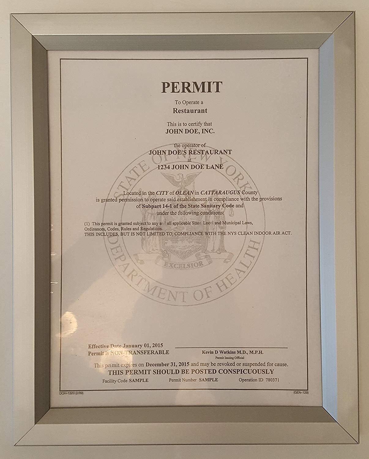 Food service establishment license Frame 8.5 x 11 (Heavy Duty