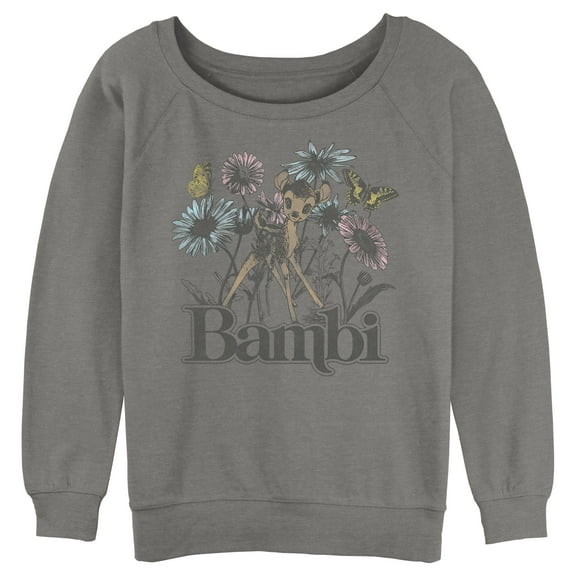 Junior's Bambi Floral Sketch Sweatshirt Gray Heather Medium