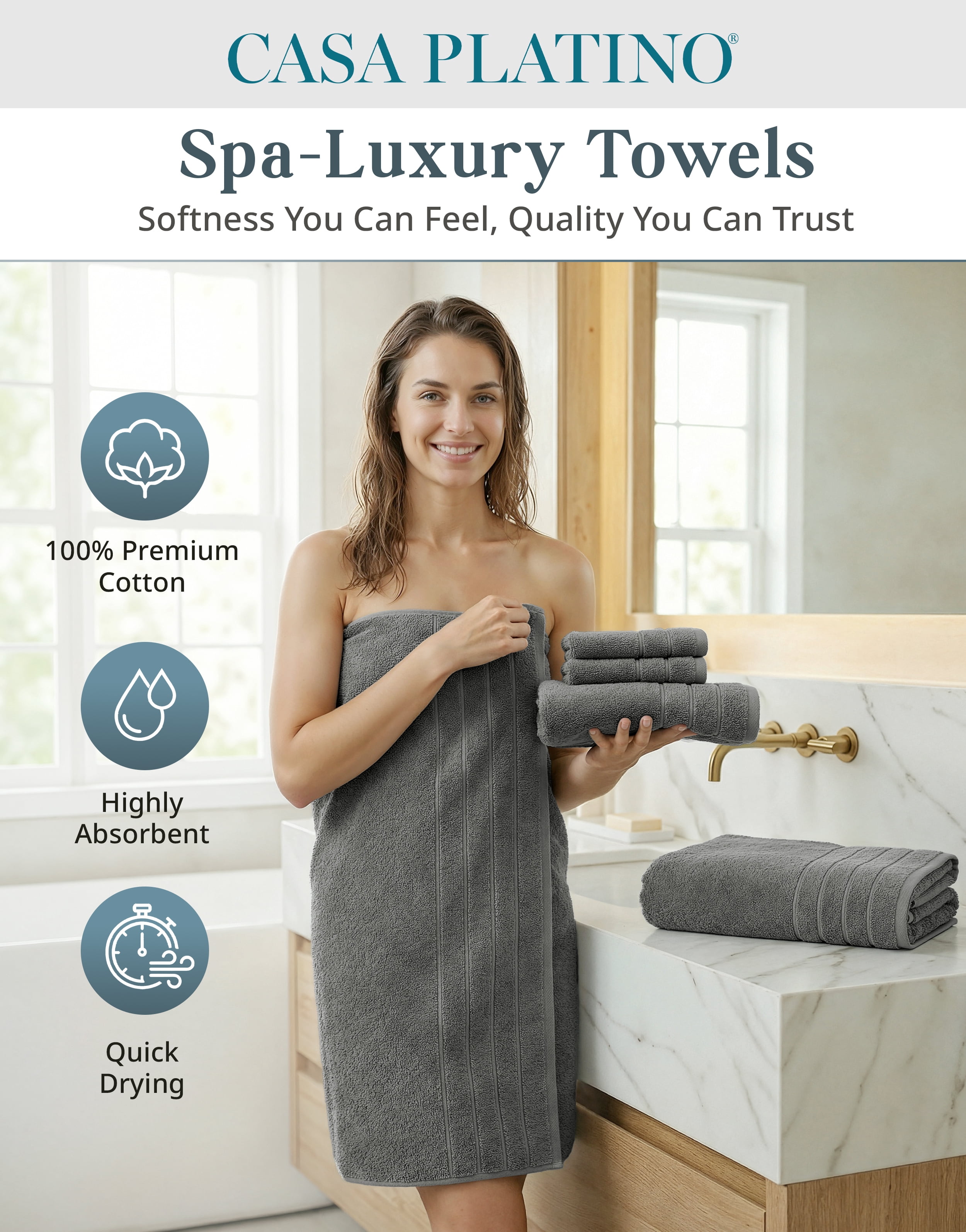 Casa Platino 18 Piece Towel Set, 6 Bath Towels 30x60 inch, 6 Hand Towels & 6 Washcloths, Highly Absorbent Cotton Towels for Bathroom - Ultimate Grey
