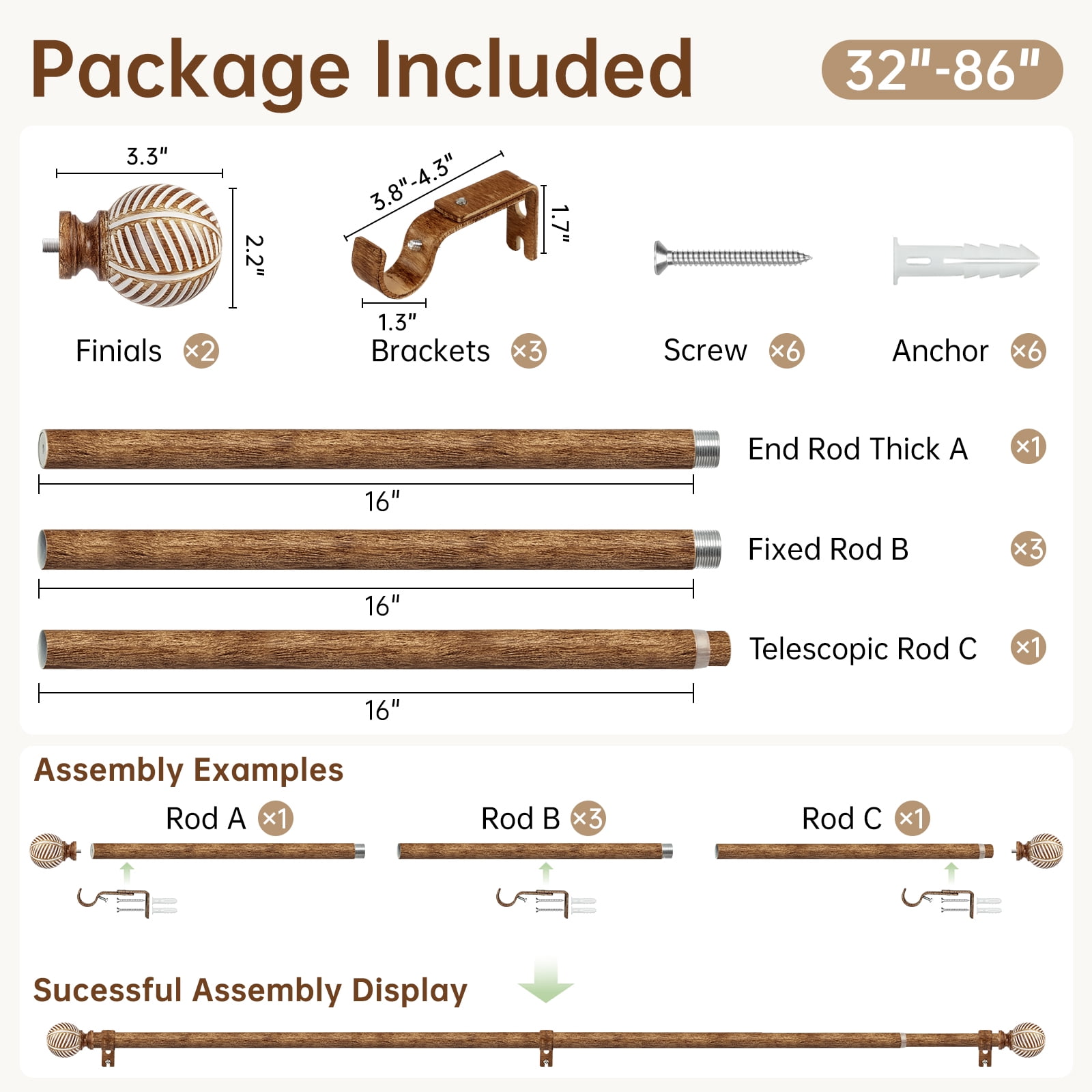 NewBuros Adjustable Wood Curtain Rod, 32 to 86 Inch, 1" Diameter Heavy-Duty Indoor Curtain Rod, Sturdy Rust-Proof with Wood Grain Leaf Pattern, Coffee Brown