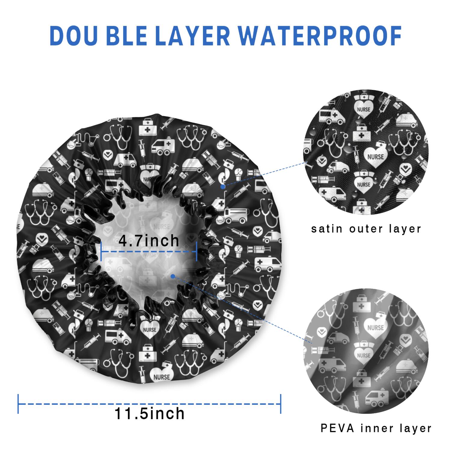 Shower Caps,Black White Medical Symbol Pattern Waterproof Shower Cap for Women 4 Pieces,Double Reusable Hair Cover for Shower PEVA Elastic Stretch Hem
