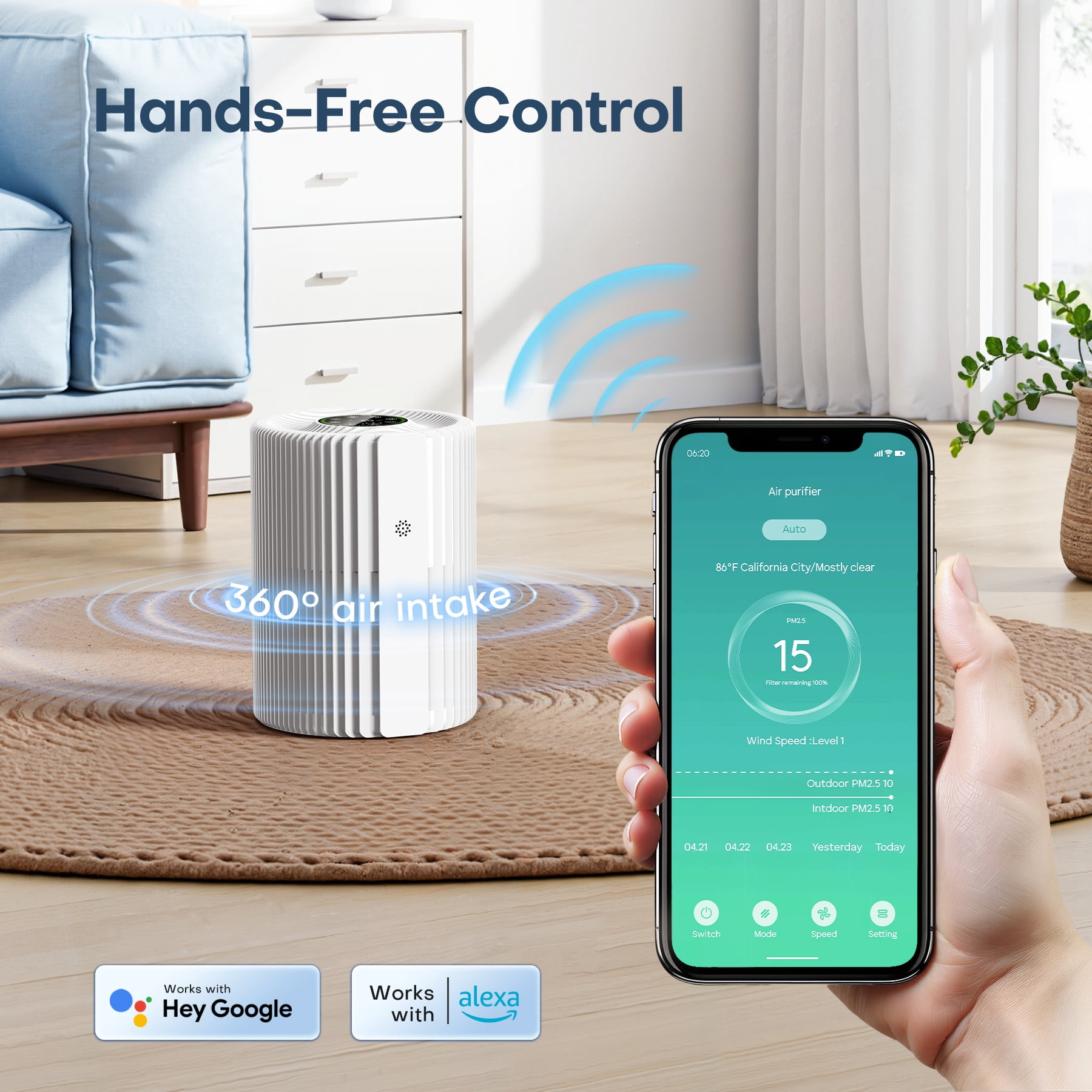 Breezome Air Purifier for Home, HEPA Air Cleaner with Smart WiFi Control, Air Quality Monitor & Sleep Mode, Especially for Pet Hair, Dust, Smoke, Bedroom, Office, White