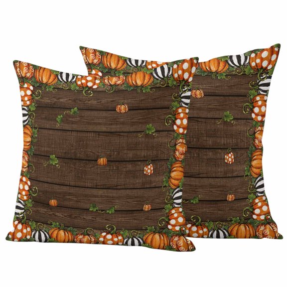 Fall Outdoor Waterproof Pillow Covers, Thanksgiving Harvest Farmhouse Pumpkins Wood Grain Decorative Square Throw Pillowcase Sofa Cushion Sham for Patio/Couch/Chair, 16"x16" 2 Pack