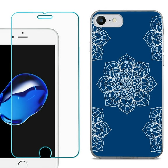 For Apple iPhone SE 2020 Case, Slim-Fit TPU Phone Case, with Tempered Glass Screen Protector, by OneToughShield ® - Mandala / Blue