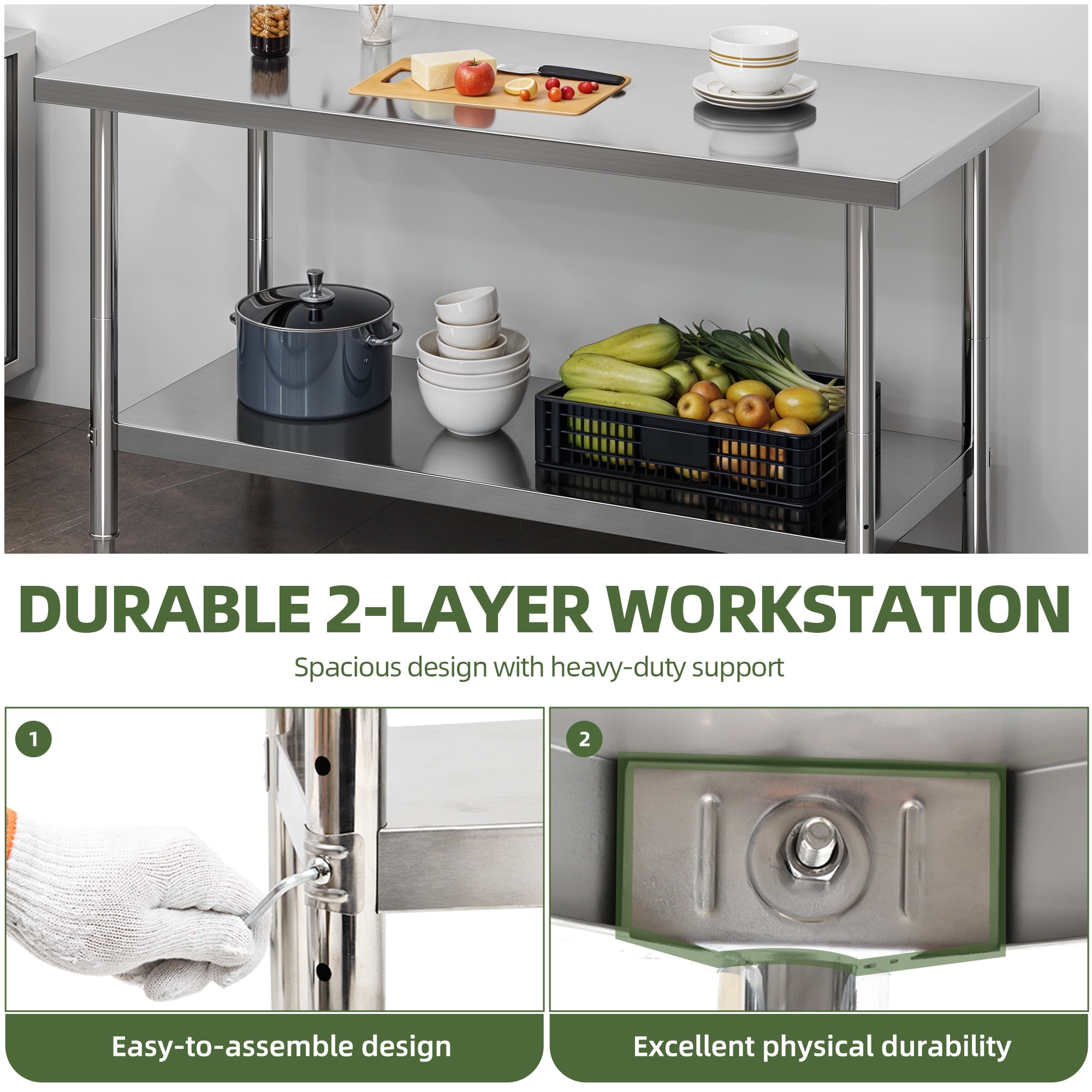 Uforic 60" ×24"  Stainless Steel Table with Undershelf Adjustable, NSF Commercial Kitchen Work Table