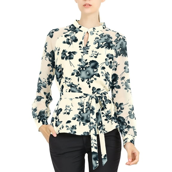 Allegra K Women's Work Shirt Keyhole Collar Long Sleeve Chiffon Floral Blouse
