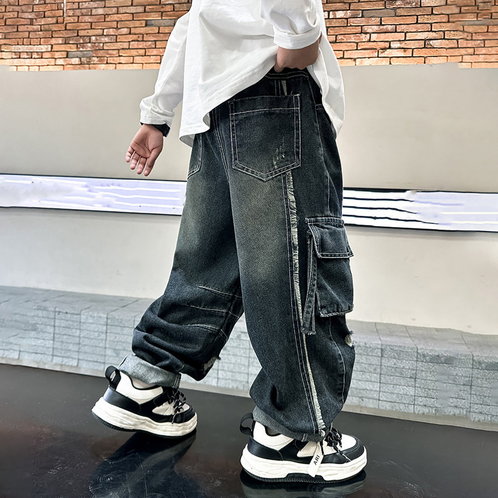 FYDUU Boys Baggy Jeans Straight Wide Leg Cargo Jeans Kids