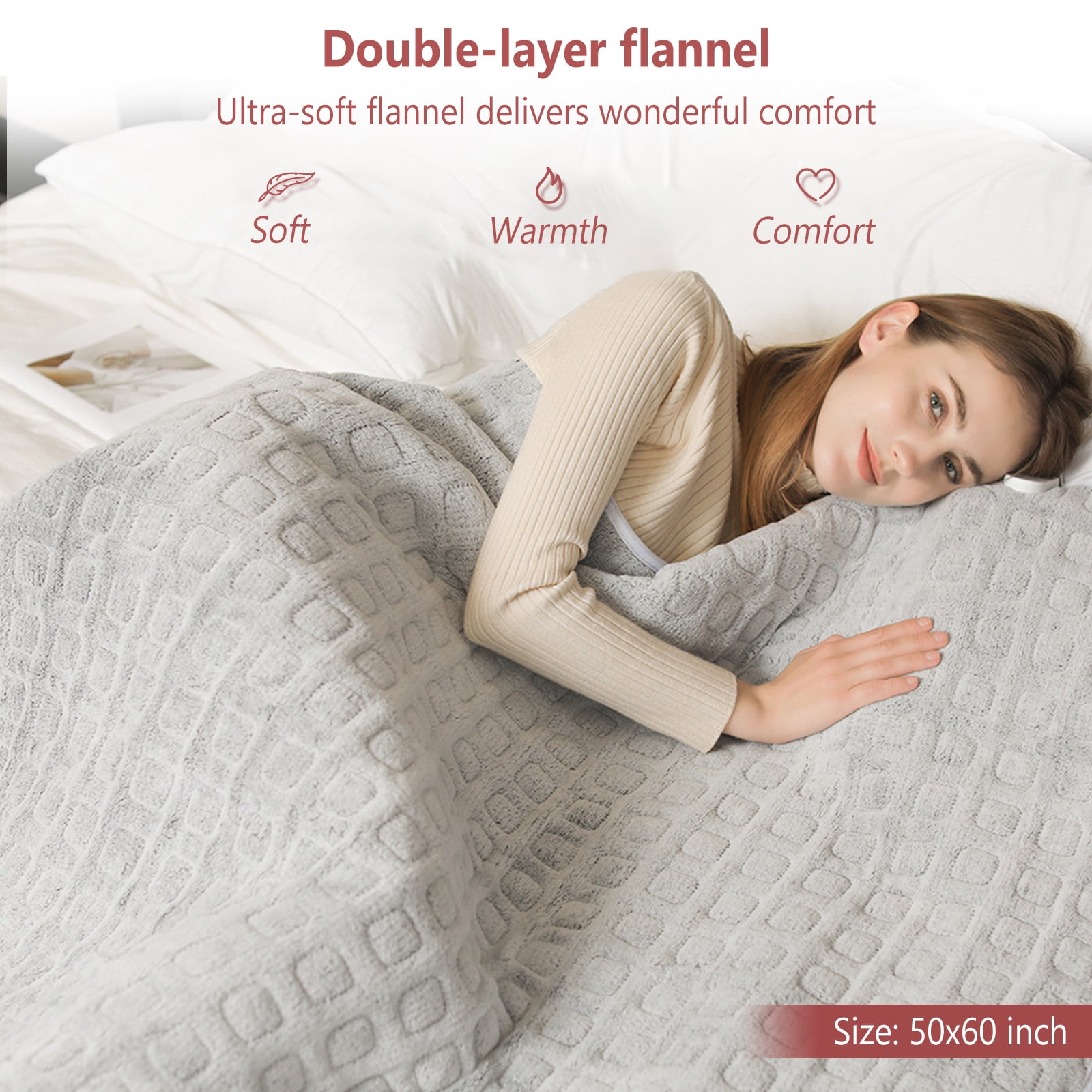 Electric Heated Blanket, Soft Flannel Nap Quilt, Safe Fast Heating, 6