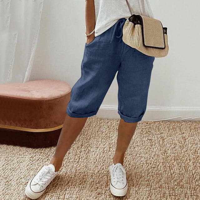 Pantalons Décontractés Élastiques à Grande Poche pour Femmes, Pantalons Capri Décontractés pour Femmes, Pantalons Courts d'Été Décontractés pour Femmes, Pantalons Amples Décontractés pour Femmes